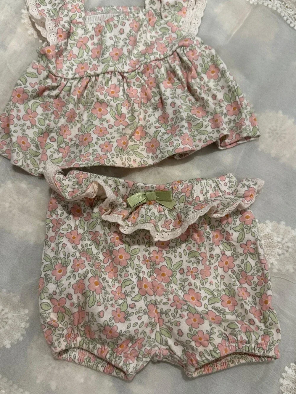Nicole Miller Pink and Cream Floral Smocked Diaper Cover Set
